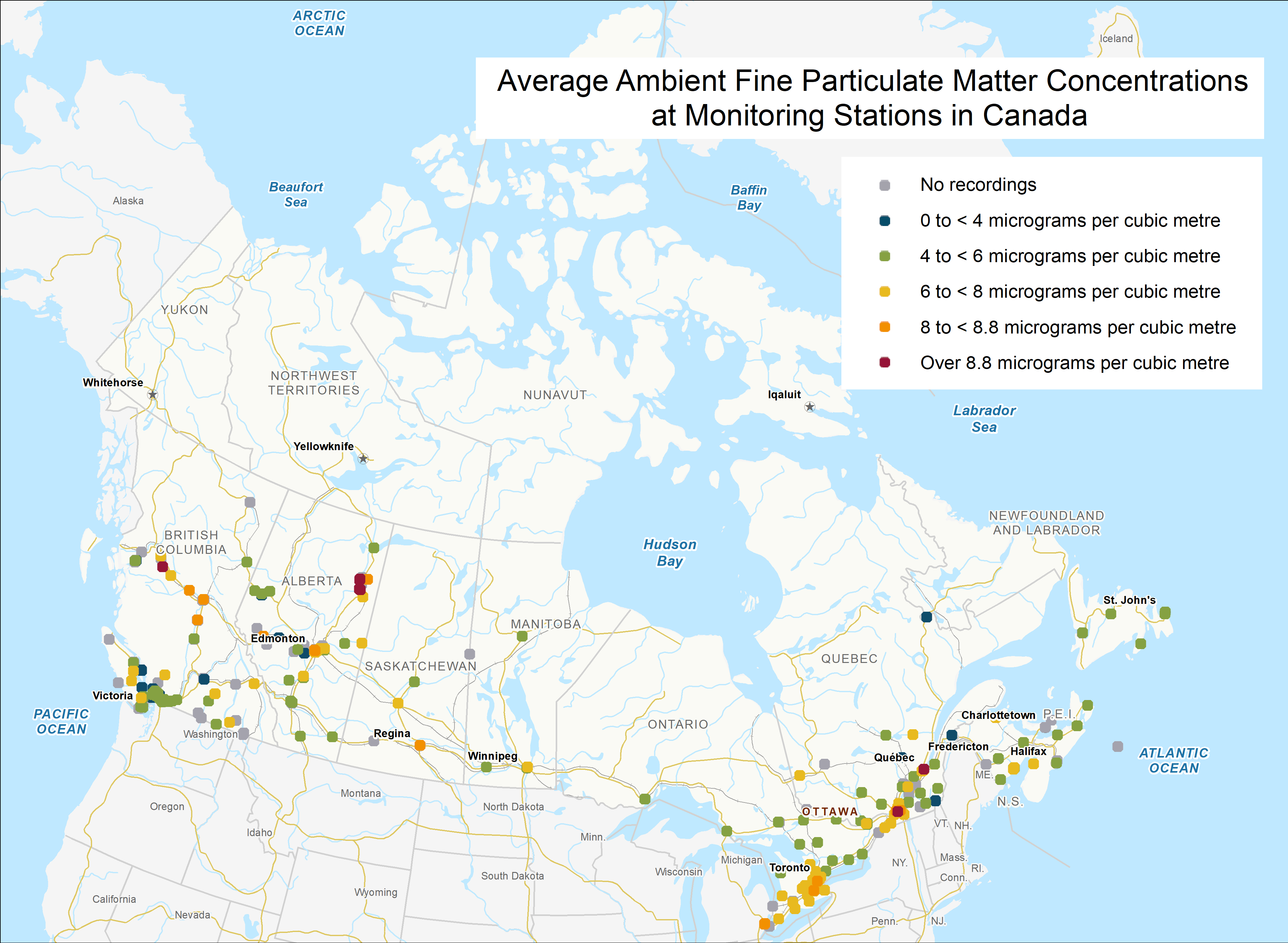 Map Showing Average Ambient Fine Particulate Matter Concentrations at Monitoring Stations in Canada