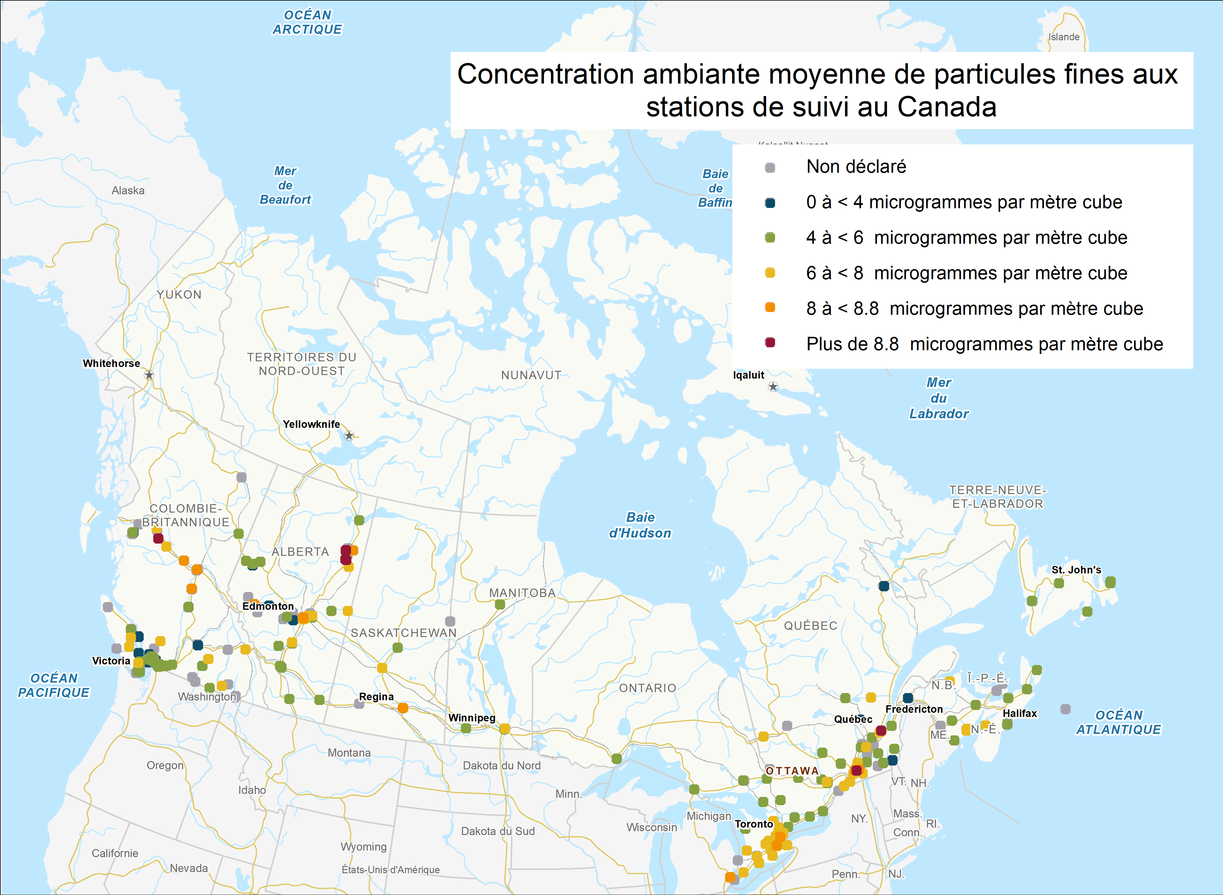 Concentration ambiante moyenne de particules fines aux stations de suivi au Canada
