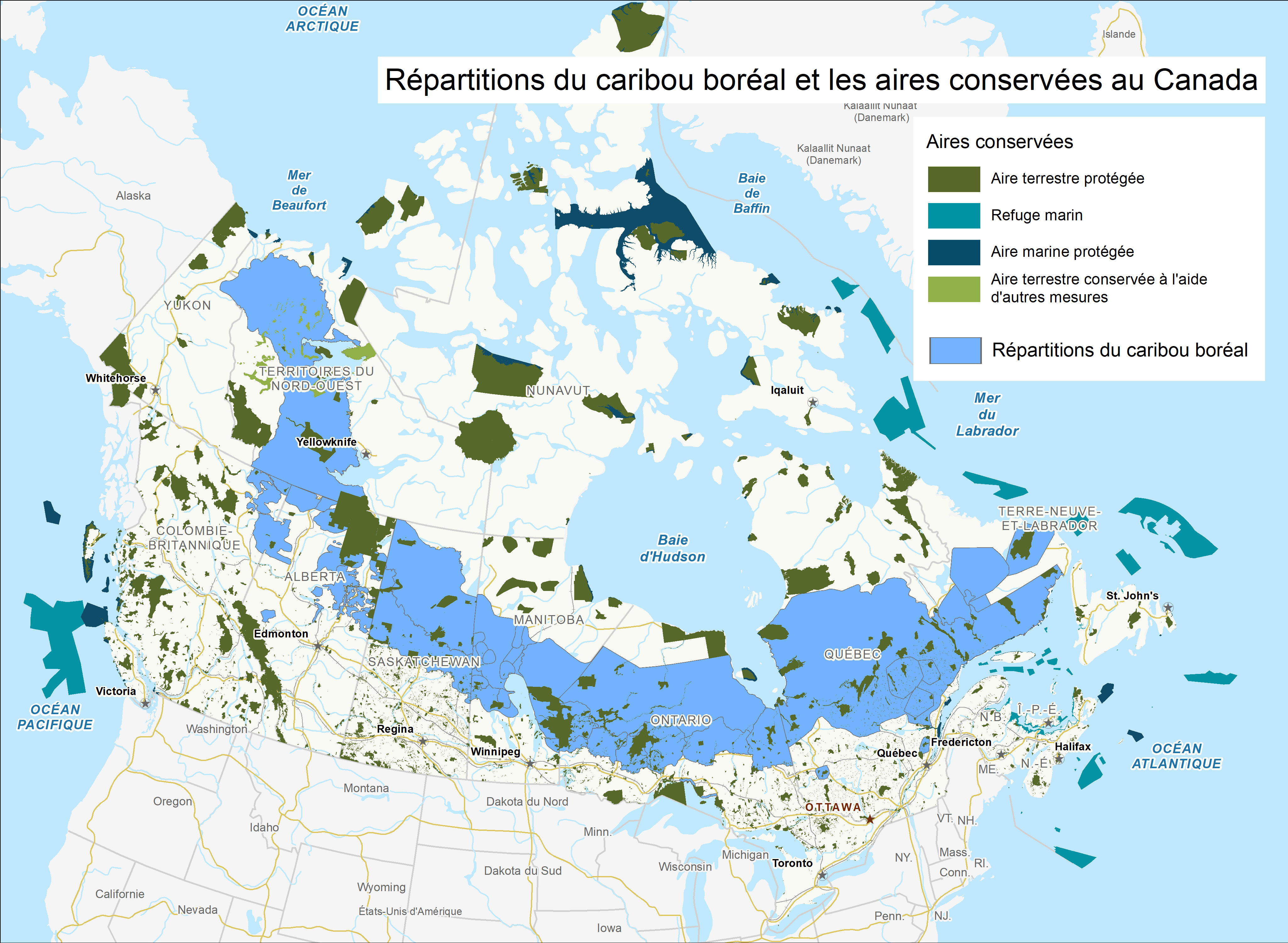 Répartitions du caribou boréal et les aires conservées au Canada