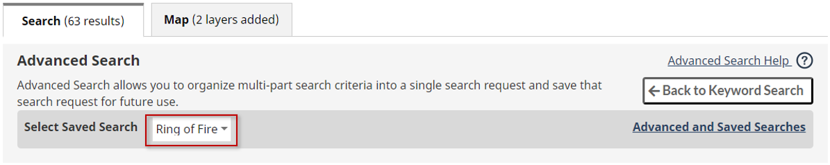 Screen capture of the activated Advanced Search block, indicating the location of the Select Saved Search box, where you can confirm your selection.