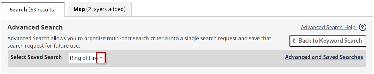 Screen capture of the activated Advanced Search block, indicating the location of the Open command on the Select Saved Search box, which you can click on to make your selection from a drop-down menu