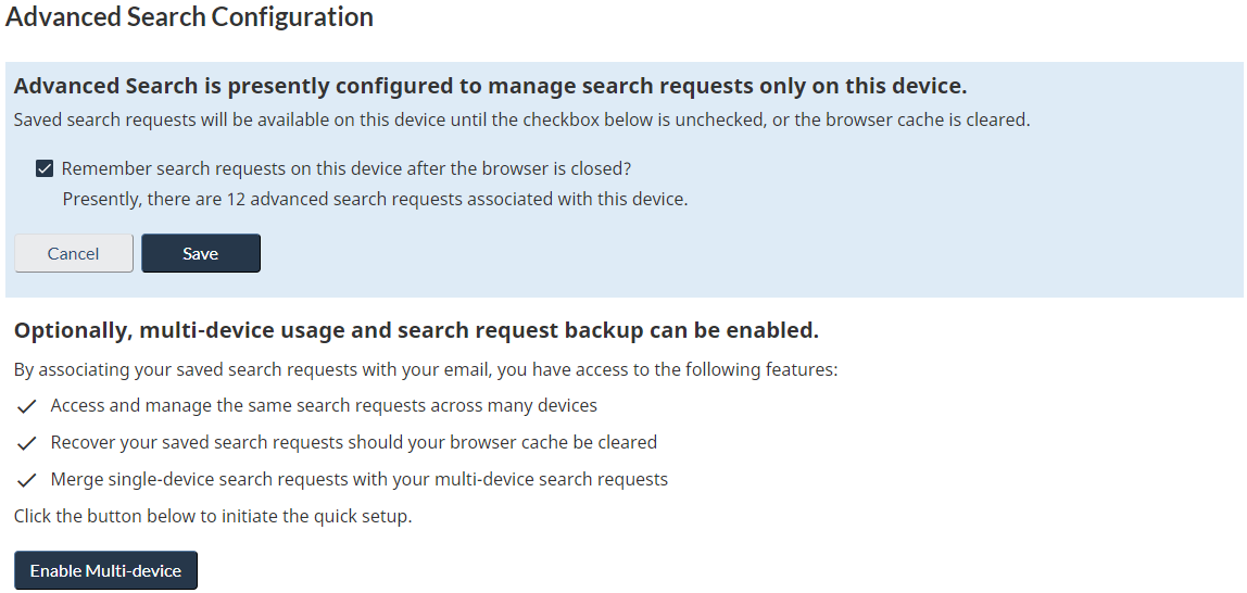 Screen capture of the Advanced Search Configuration dialogue block, where you can select different configuration options