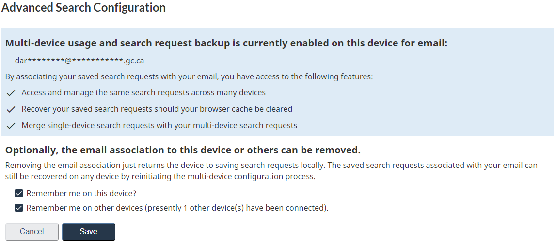 Screen capture of the Enable Multi-device dialogue box, where you can select different options for remembering your saved searches, which are associated with your email address