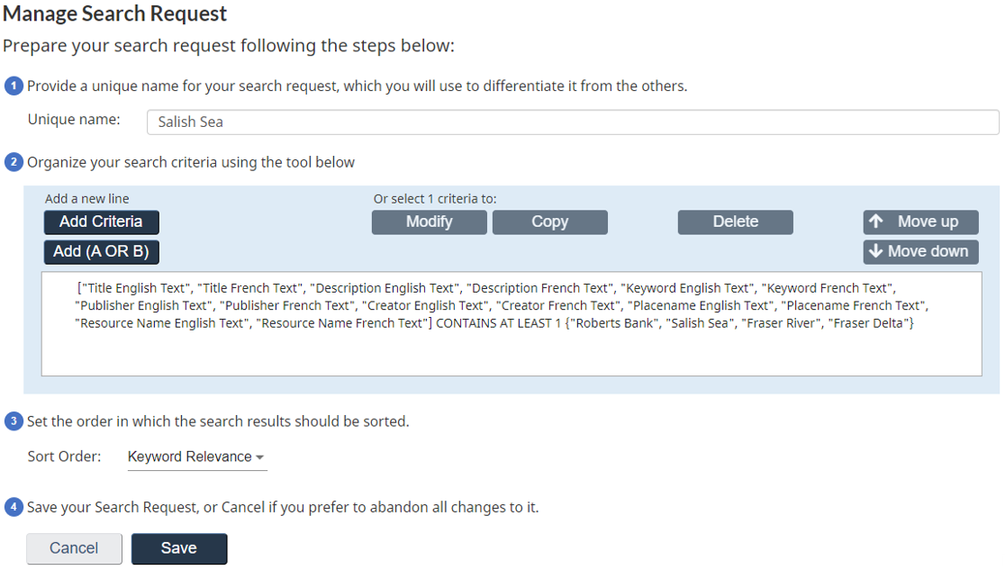 Screen capture of the Buid Search Request dialogue box, showing four steps to follow.