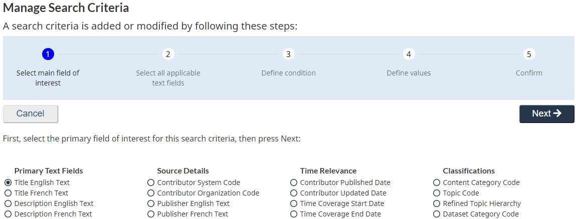 Screen capture of the Manage Search Criteria dialogue box, showing the click-through process to follow to set different criteria for your search, starting with the primary field of interest. 