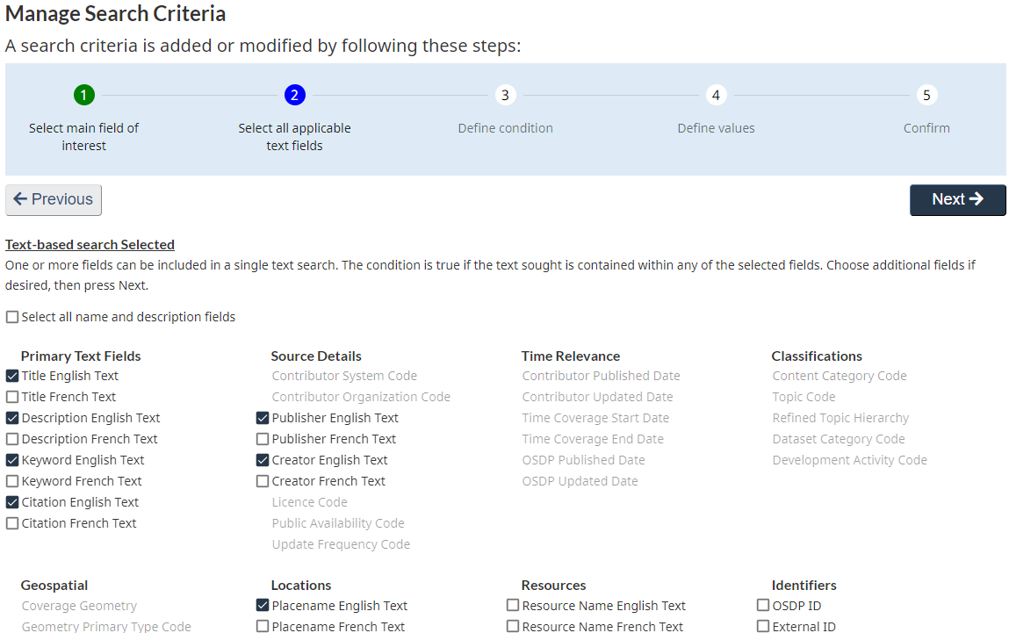 Screen capture of the Manage Search Criteria dialogue box, showing the click-through process to follow to add search criteria, now focused on confirming the criteria set to be applied for the search