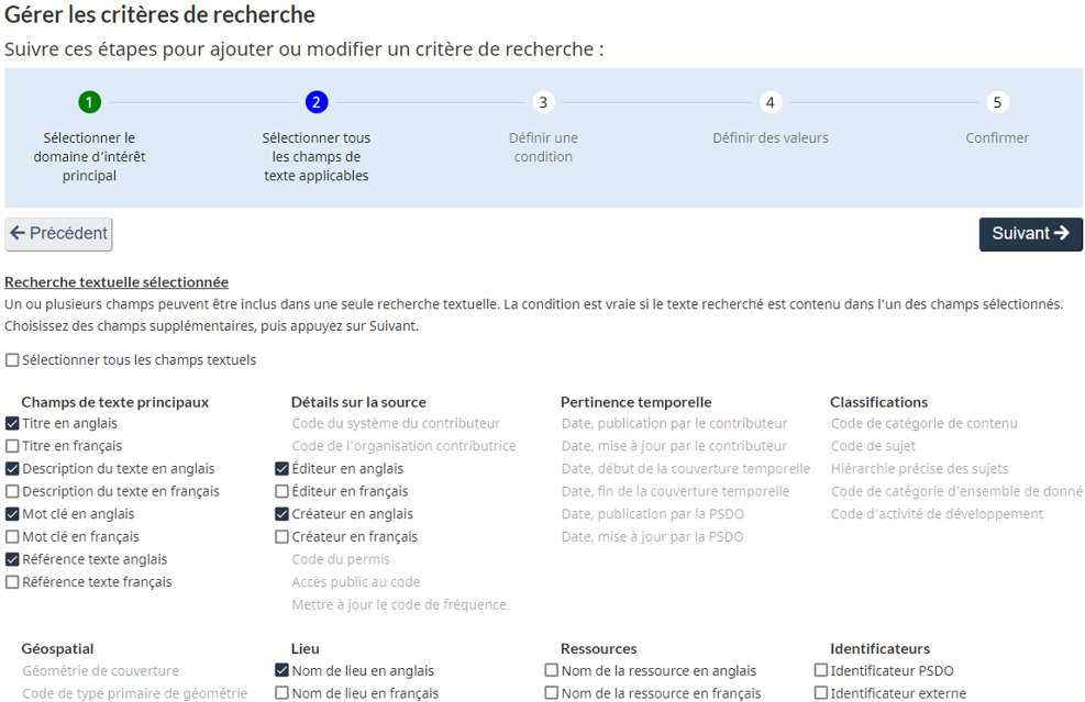 Capture d'écran de la boîte de dialogue Gérer les critères de recherche, montrant le processus de clic à suivre pour ajouter des critères de recherche, désormais axé sur la confirmation de l'ensemble des critères à appliquer pour la recherche. 