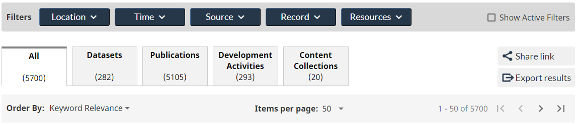 Screen capture of the Filters bar with the corresponding records returned for a particular search listed underneath, parsed by category using a tabbed interface