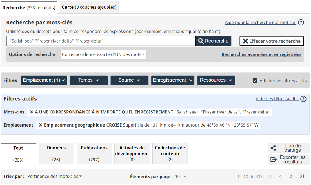 Capture d'écran montrant l’ensemble de la page de recherche 
