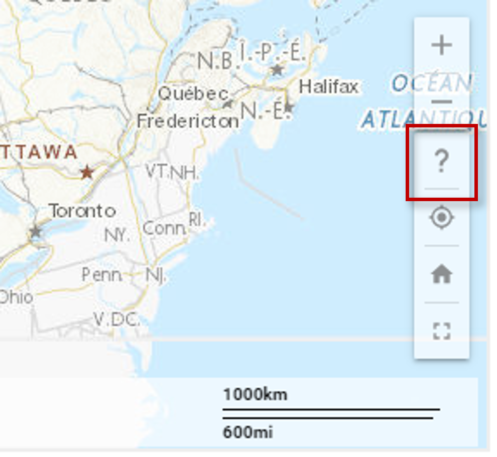 Capture d'écran du visualiseur de carte indiquant l'emplacement d’un point d'interrogation, en bas à droite de l'écran, sur lequel cliquer pour obtenir des conseils.