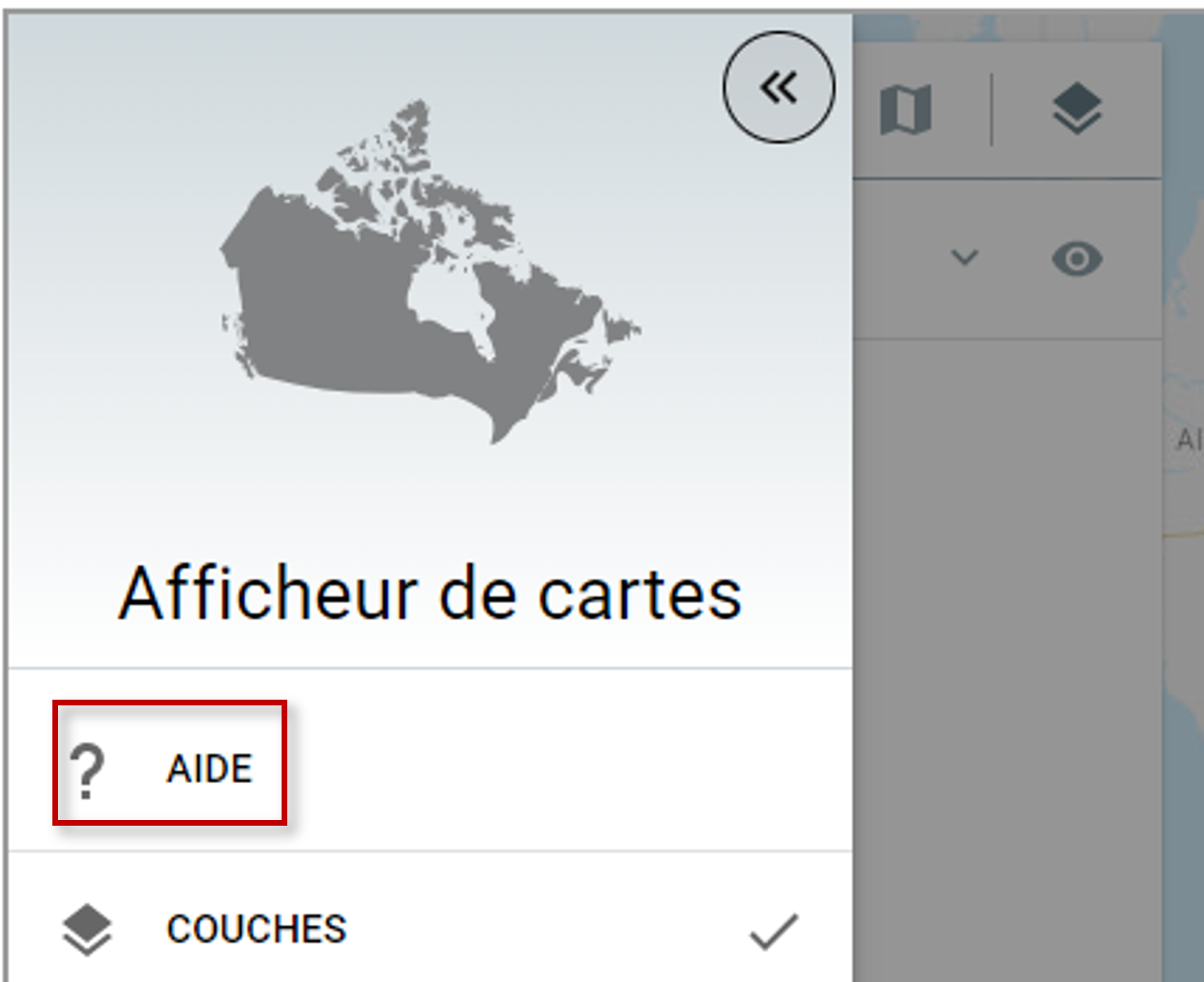 Capture d'écran du visualiseur de carte indiquant l'emplacement d’un point d'interrogation, sous l'onglet Couches, sur lequel cliquer pour obtenir des conseils. 