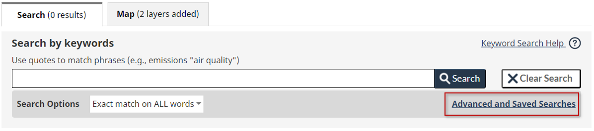 Screen capture of the Search by Keyword block, indicating the location of the button for the Advanced and Saved Searches function