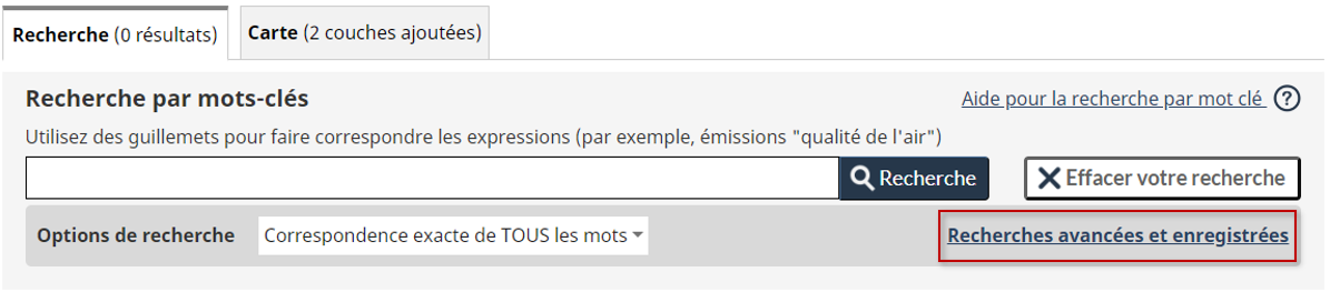 Capture d'écran du bloc Recherche par mot-clés, indiquant l'emplacement du bouton de la fonction Recherches avancées et enregistrées