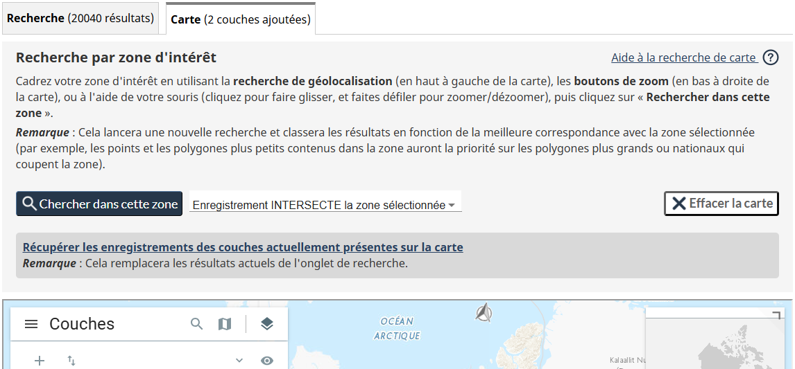 Capture d'écran du bloc Recherche par zone 