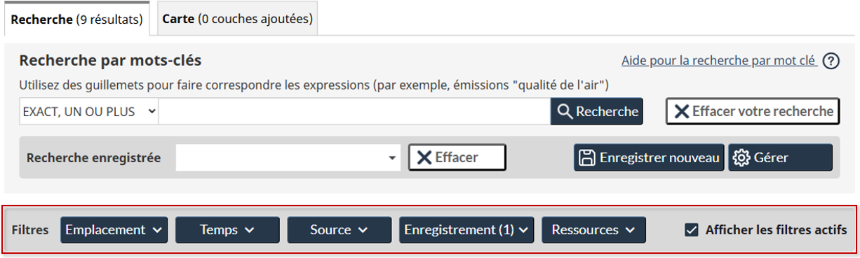 Image montrant l’emplacement du bloc de filtres sur la page de Recherche par mots-clés.