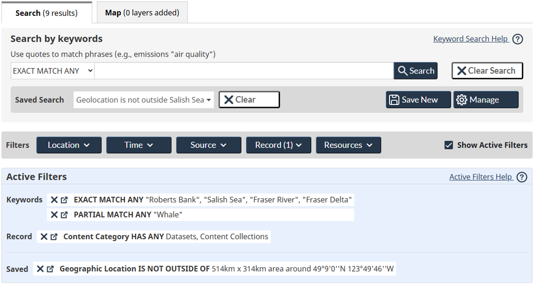 Image showing an example combination of text, filters, and saved search.
