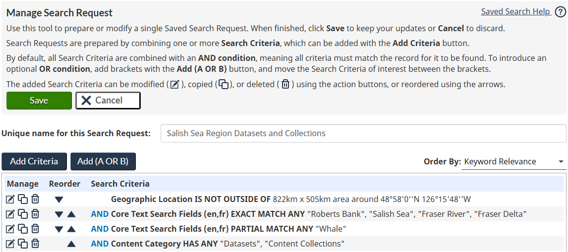 Image of the Manage Search Request page, filled with an example.