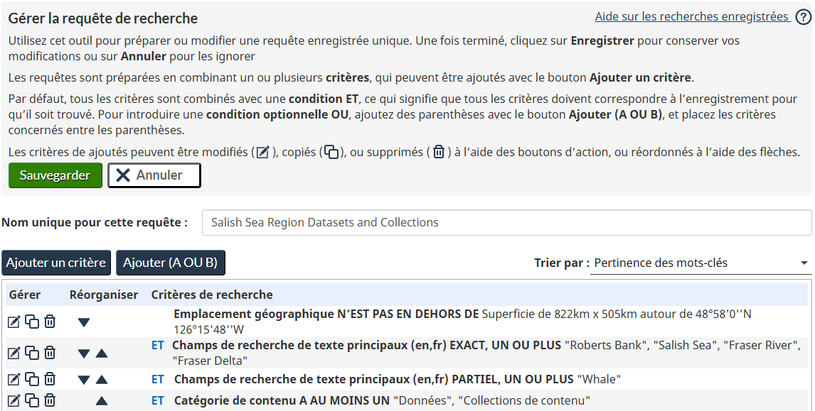 Image de la page Gérer les requêtes de recherche enregistrées, remplie avec un exemple.