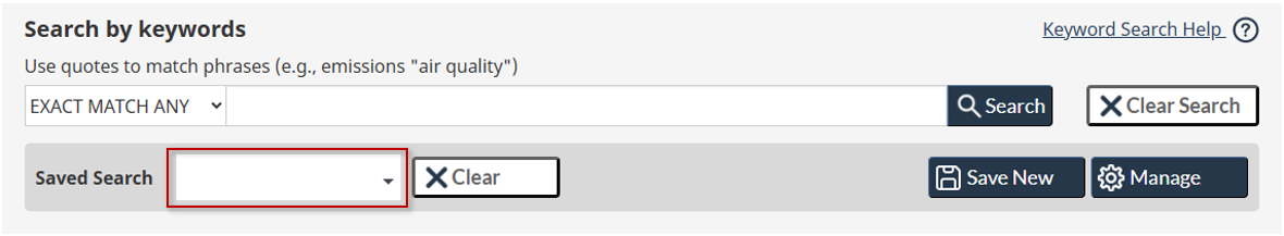 Image showing the location of the drop-down, used to select a Saved Search Request.