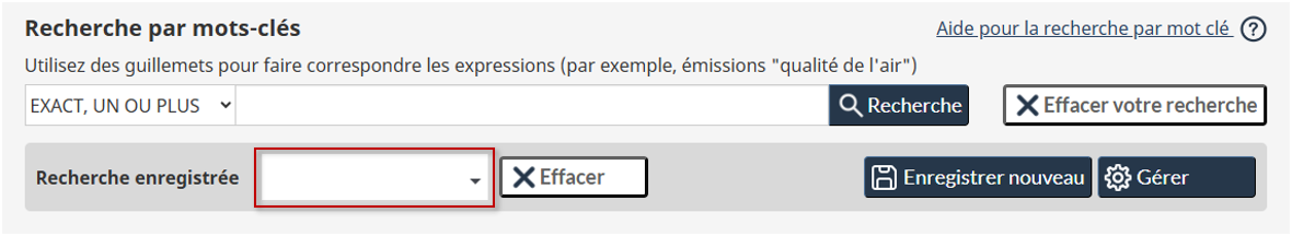 Image montrant l’emplacement du menu déroulant utilisé pour sélectionner une demande de recherche enregistrée.