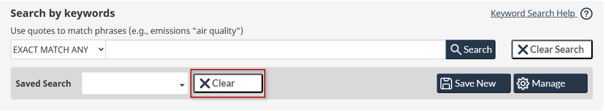 Image showing the location of the Clear button, used to remove the Saved Search selection.