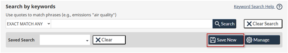 Image showing the location of the Save New button, used to create a new Saved Search Request.