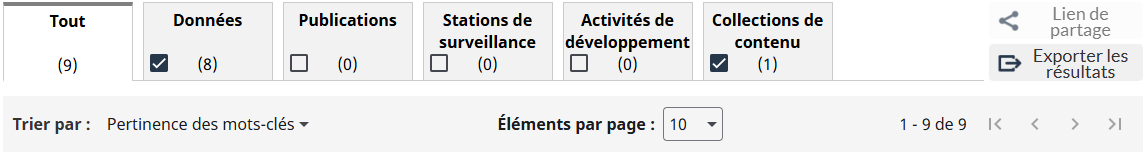 Image des onglets de l’ensemble des résultats de recherche et de la barre de gestion.