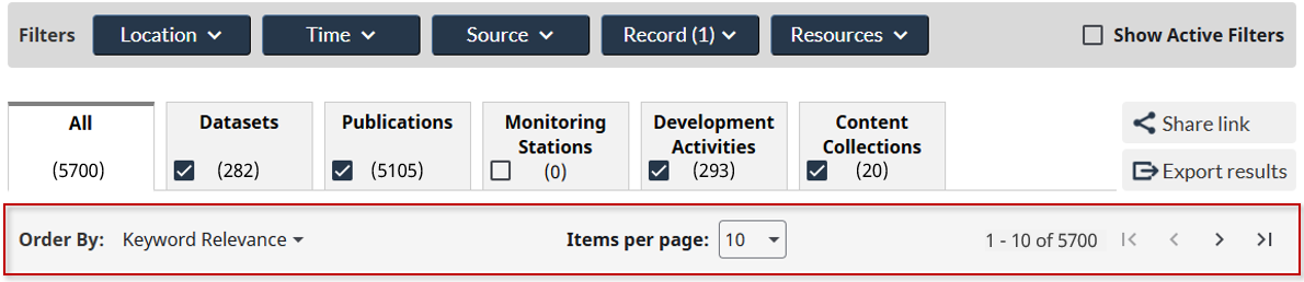 Image showing the location of the Search Result Set’s Management Bar.