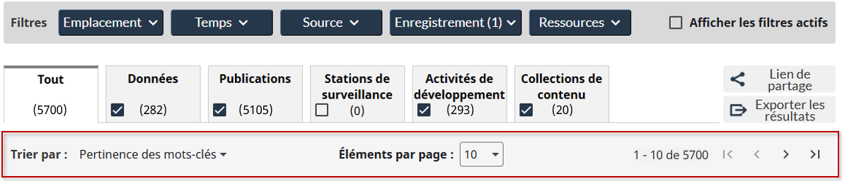 Image montrant l’emplacement de la barre de gestion de l’ensemble de résultats de recherche.