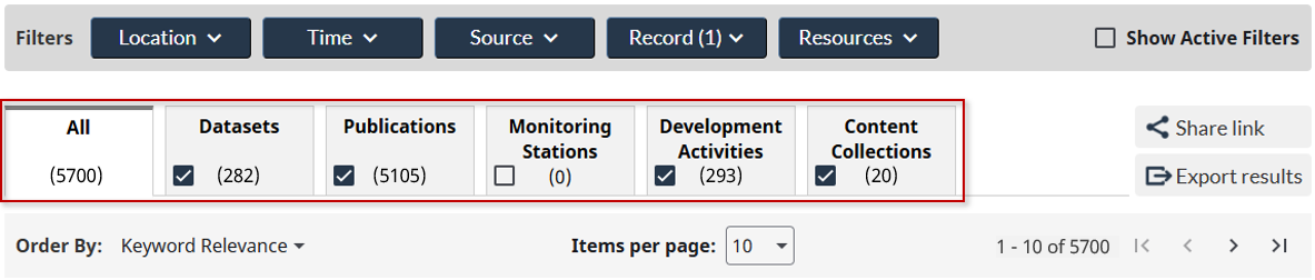 Image showing the location of the Search Result Set’s Tabbed Interface.