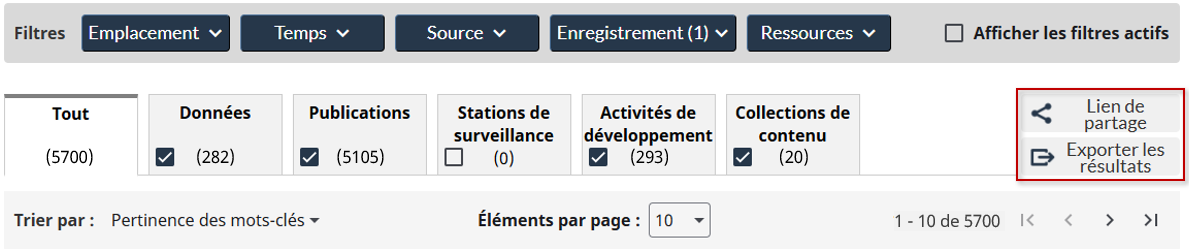 Image montrant l’emplacement des boutons permettant de partager le lien et d’exporter les résultats.