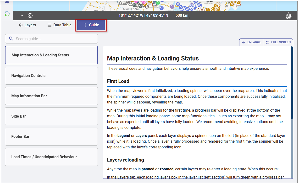 Image showing how to access in-viewer help via the viewer’s Guide tab on the footer bar.