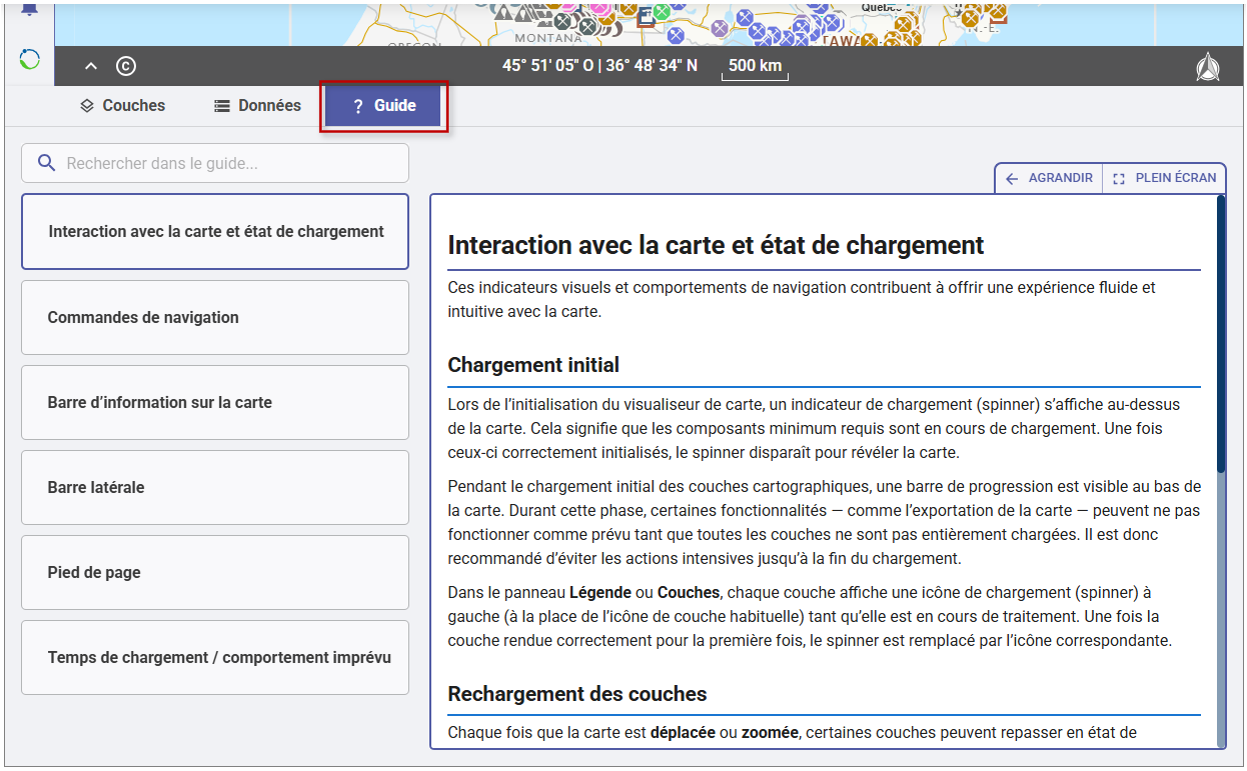 Image montrant comment accéder à l’aide intégrée à partir de l’onglet « Guide » dans la barre de pied de page du visualiseur.