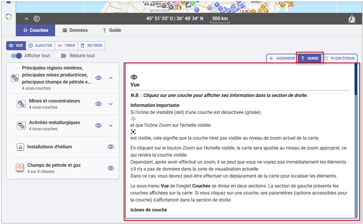 Image montrant un exemple de l’aide contextuelle du visualiseur dans l’onglet « Couches ».