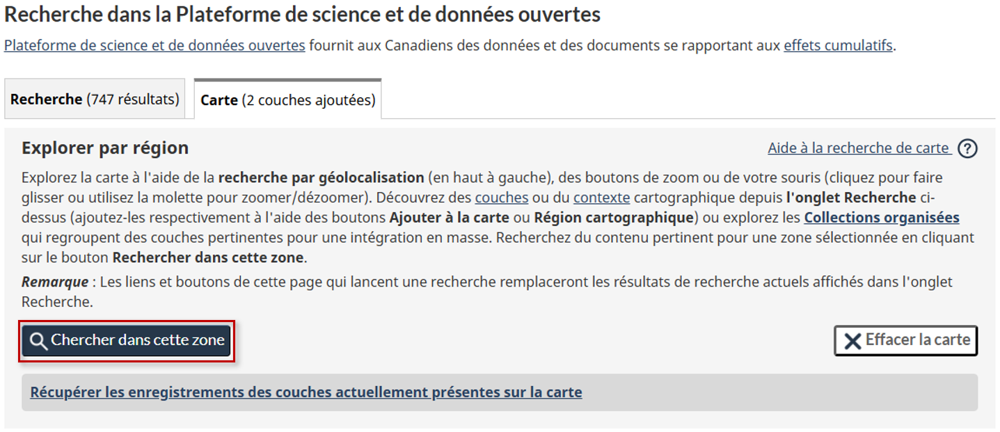 Image montrant l’emplacement du bouton « Rechercher dans cette zone » sur la page Explorer.
